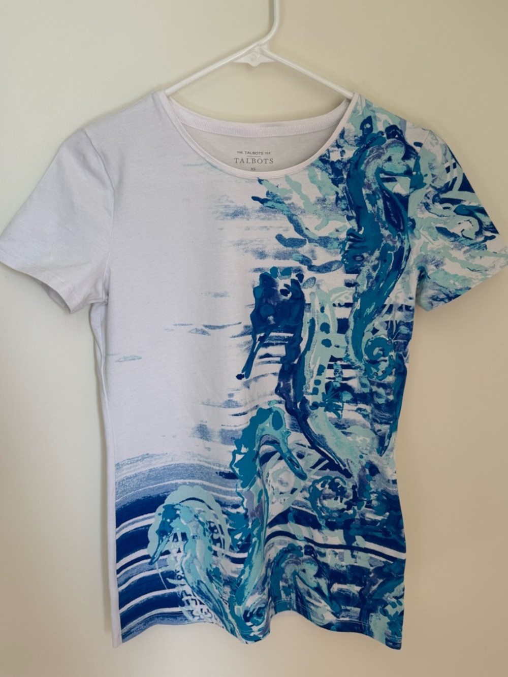 Talbots Blue & Teal Abstract Seahorse Watercolor Print Short Sleeve Top